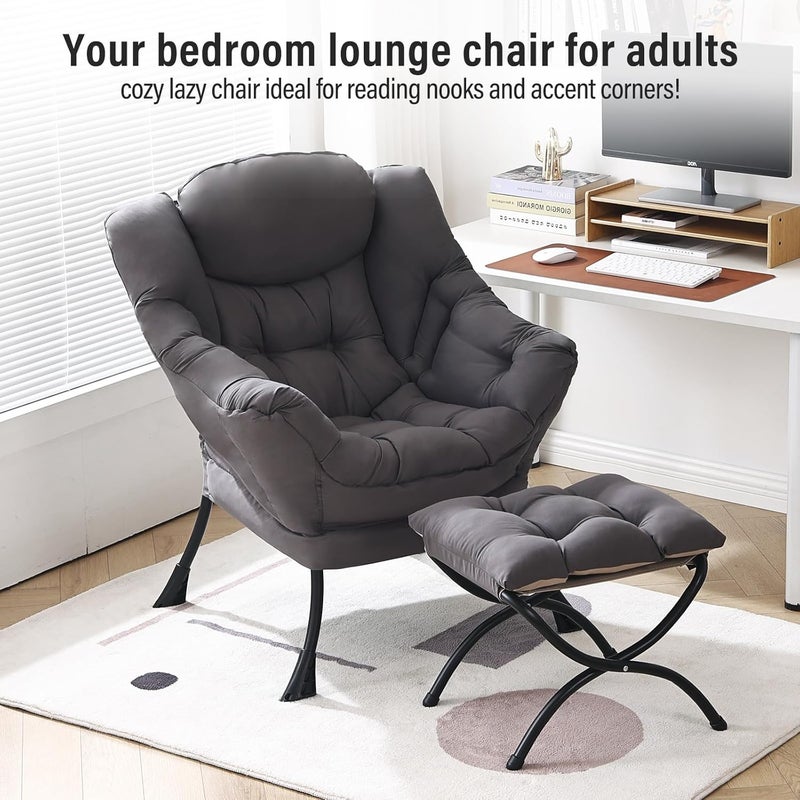 Furlide Lazy Chair with Ottoman, Modern Chair with Folding Footrest, Lounge Accent Chair, Comfortable Reading Chair, Oversized Armchairs for Bedroom, Study, Living Room, Courtyard (Dark Grey) - Image 3